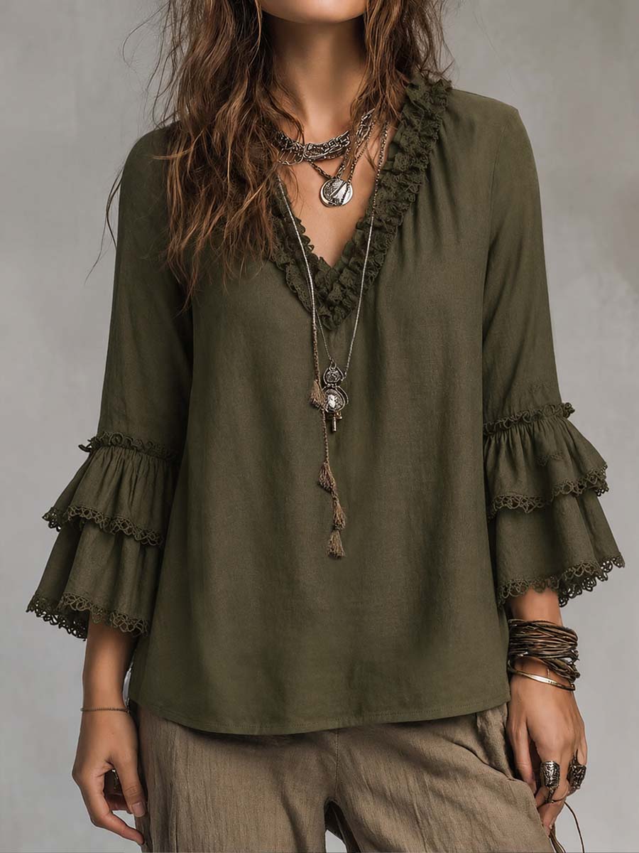 Sophia | Ruffled Lace Cotton Linen Long-sleeved Blouse