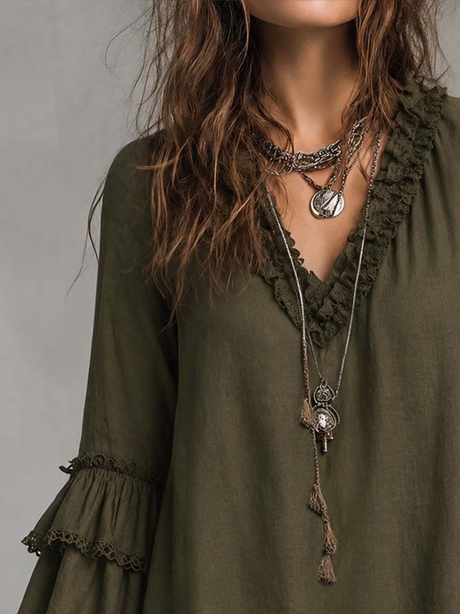 Sophia | Ruffled Lace Cotton Linen Long-sleeved Blouse