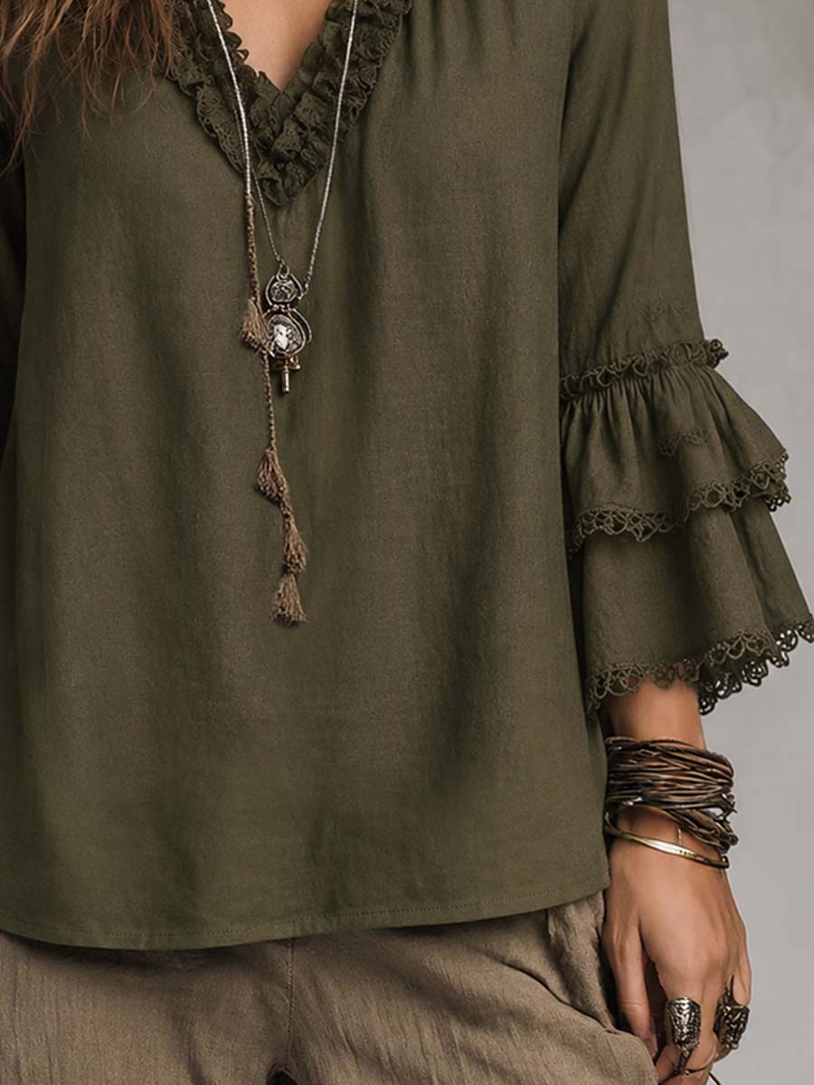 Sophia | Ruffled Lace Cotton Linen Long-sleeved Blouse