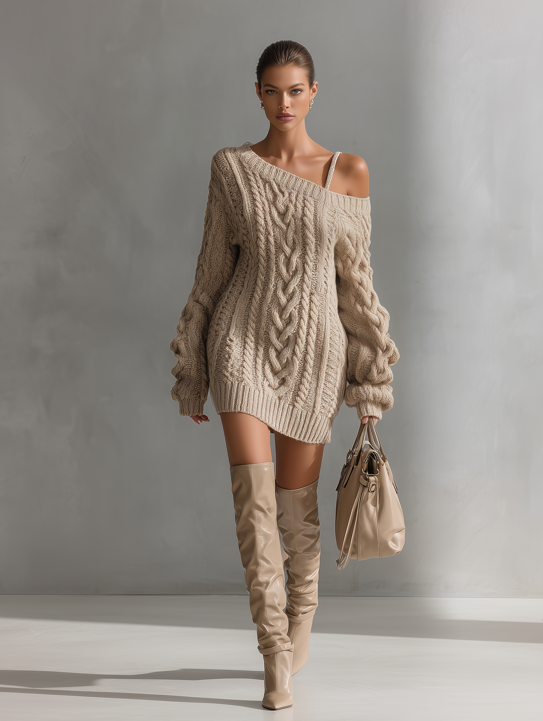 Rachel | Beige Cable Knit Off--Shoulder