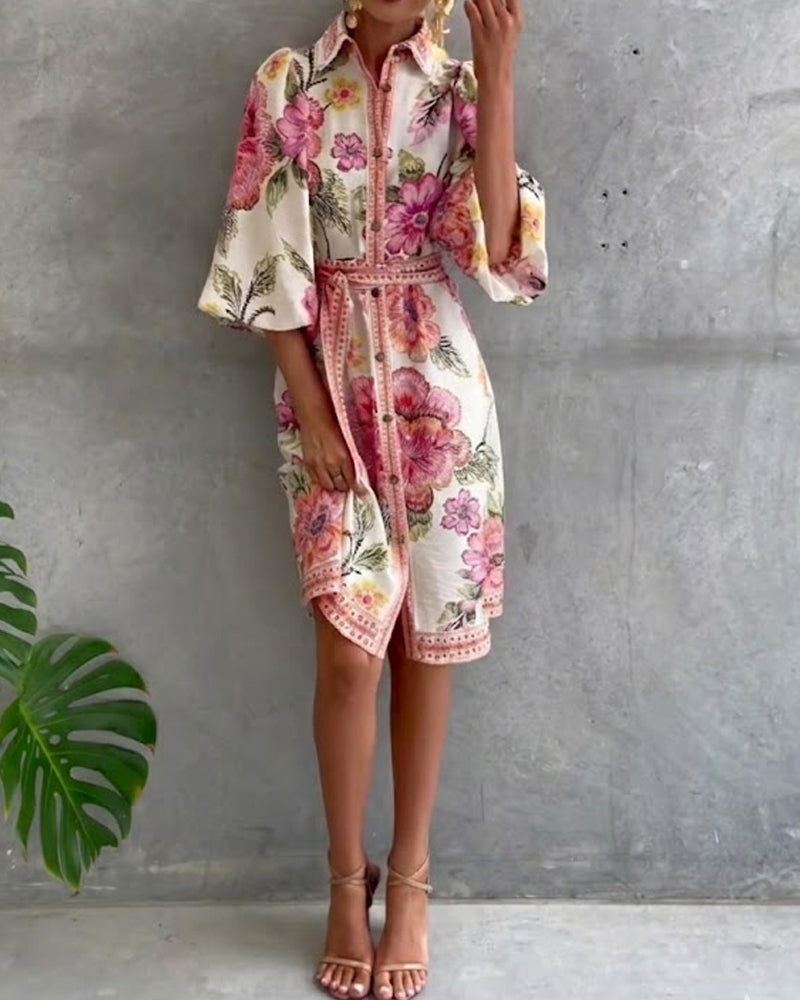 Printed Lantern Sleeve Dress with Notched Collar