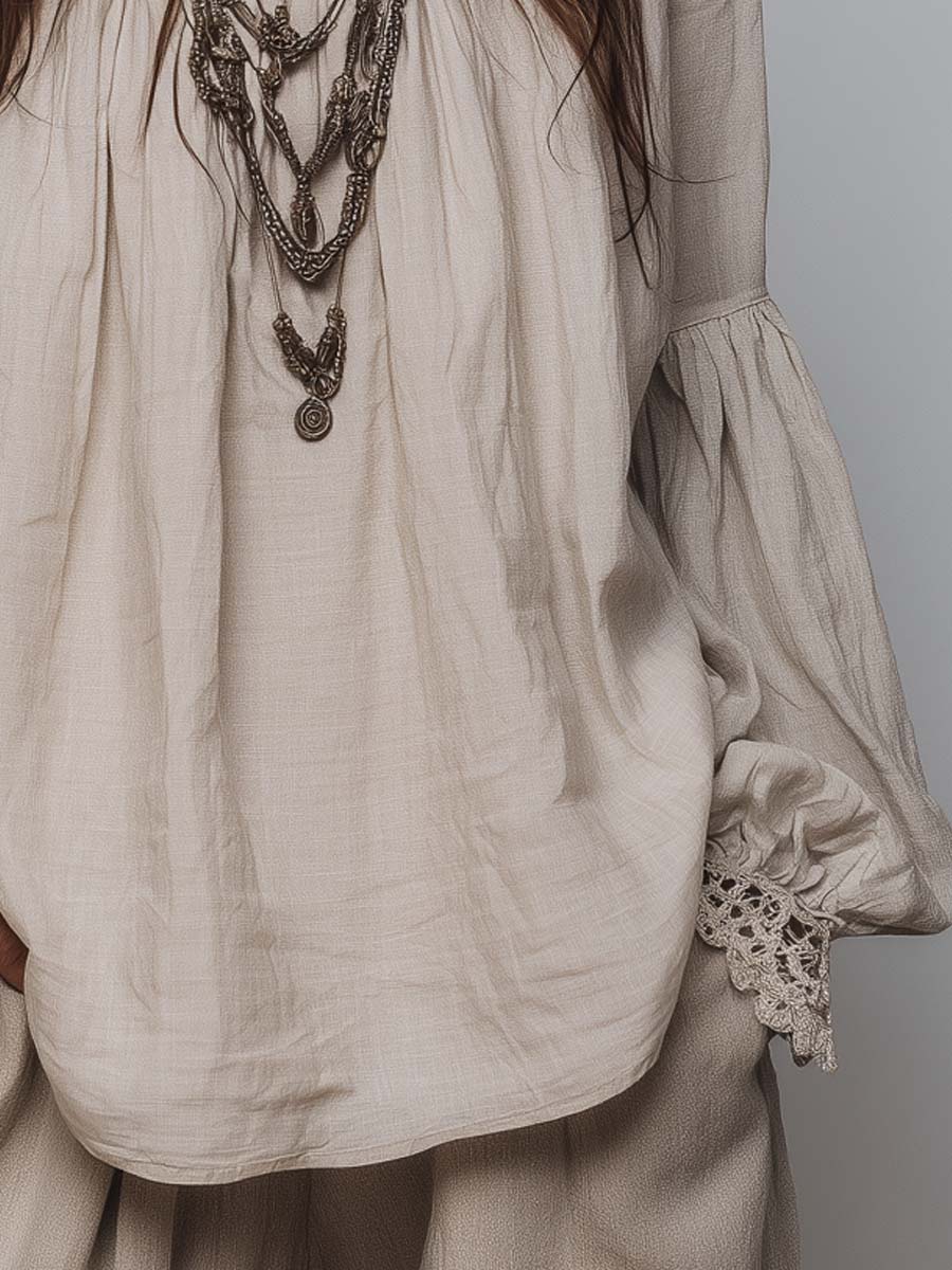 Margaret | Lace-trimmed Pleated Cotton Linen Blouse