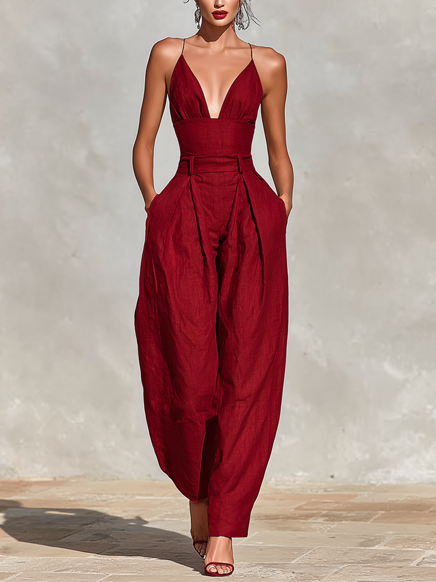 Cass | Red Linen Jumpsuit Spaghetti