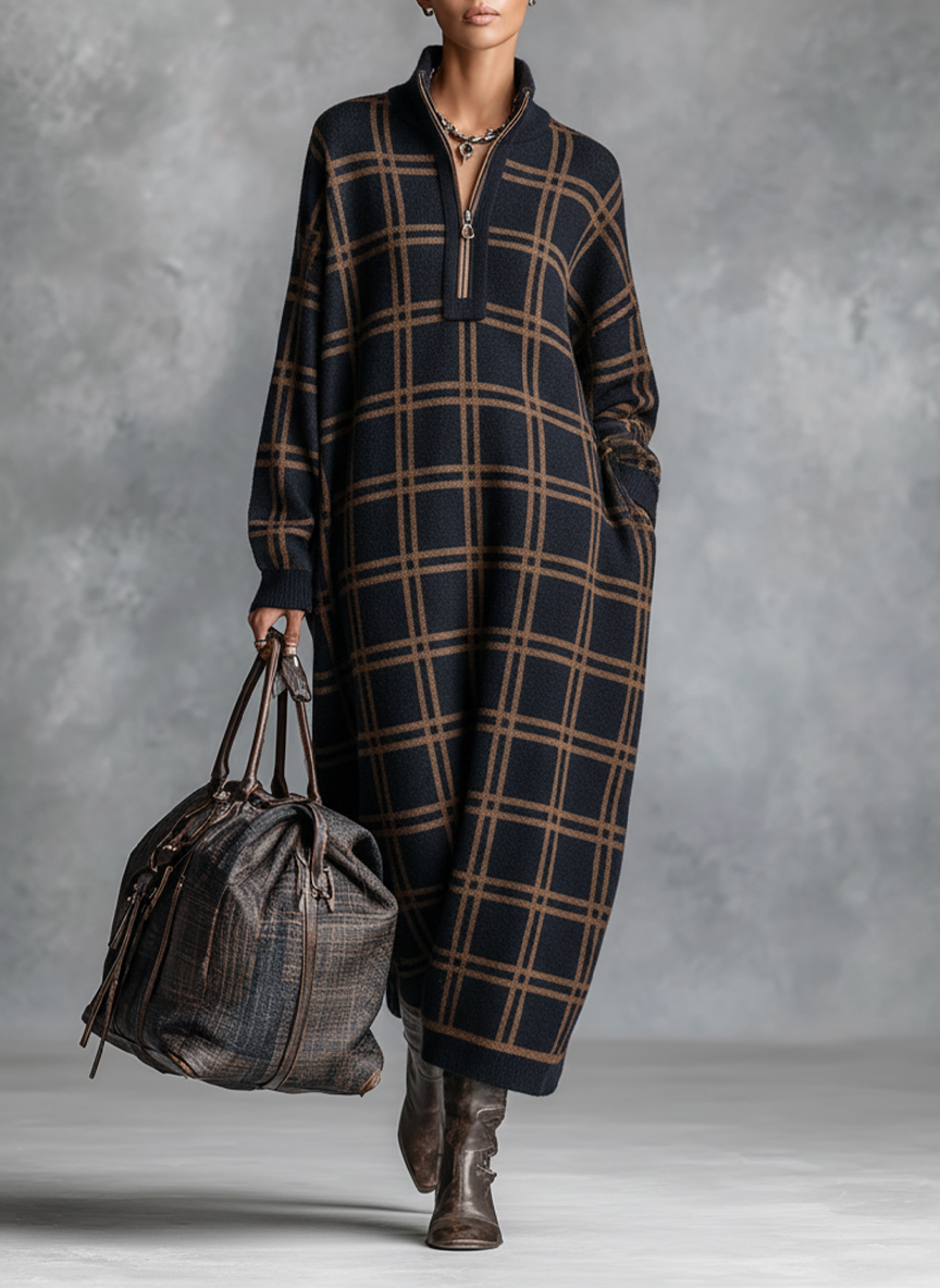 Rose | Loose Plaid Zipper Neck