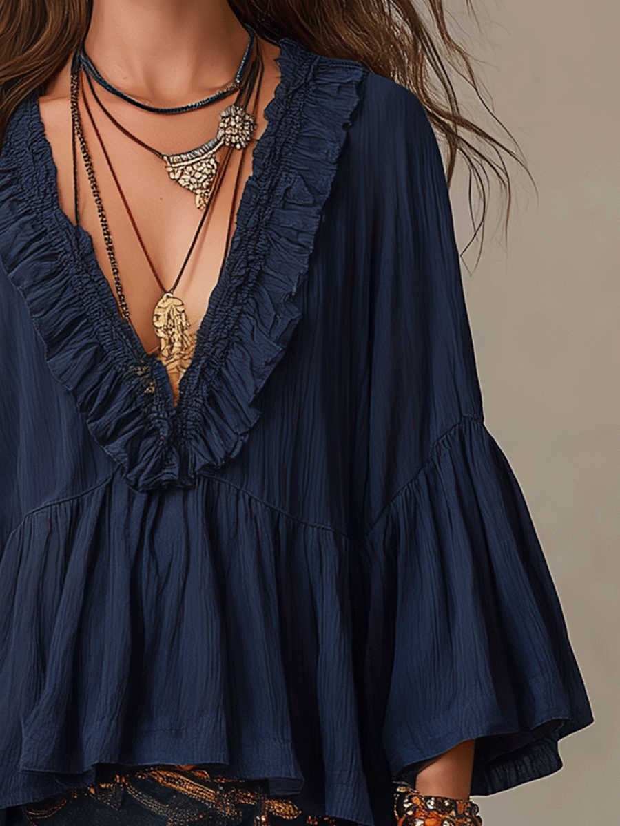 Ximena | Effortless Deep Blue Ruffle Boho Blouse