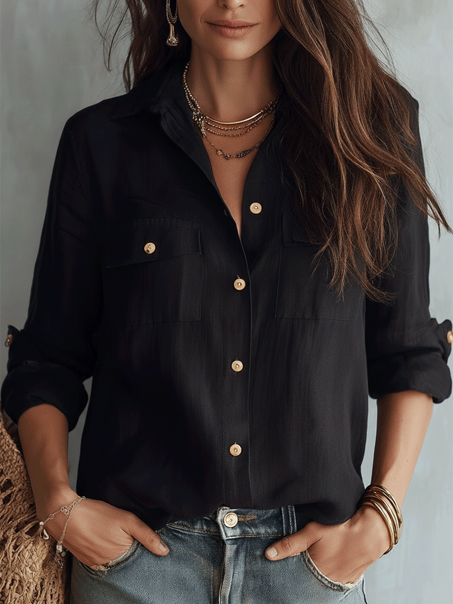 Skye | Casual Elegance Black Cotton-Linen Pocket Shirt