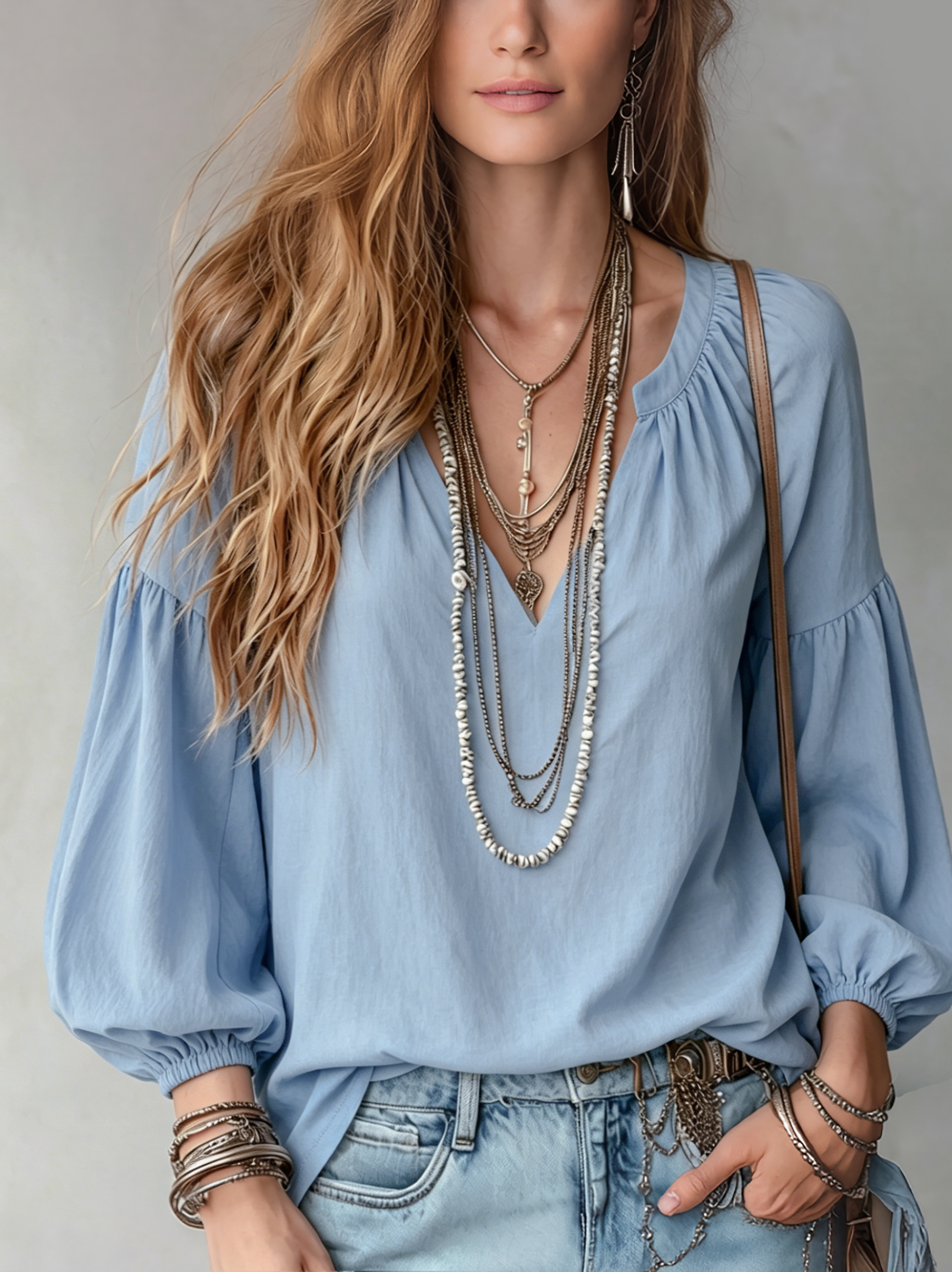 Ursula | Airy Mist-Blue Bohemian Blouse