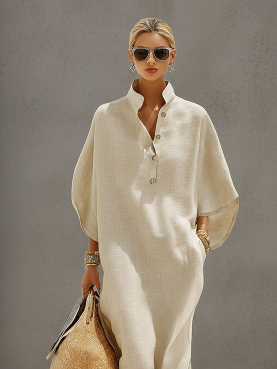 Celia | Oatmeal Linen Dress Mandarin