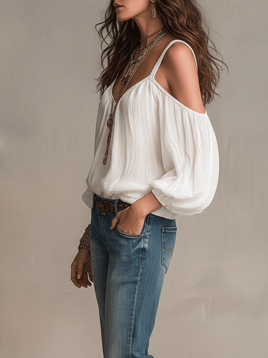 Harriet | Relaxed V-Neck Cold-Shoulder Boho Blouse