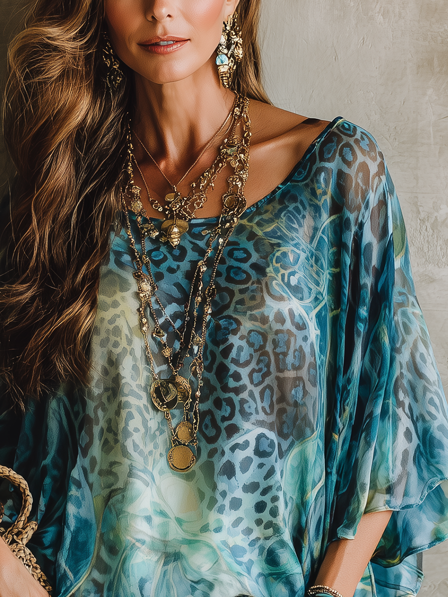 Adelaide | Bohemian Blue Leopard Print Batwing Sleeve