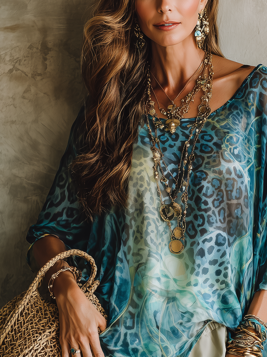 Adelaide | Bohemian Blue Leopard Print Batwing Sleeve