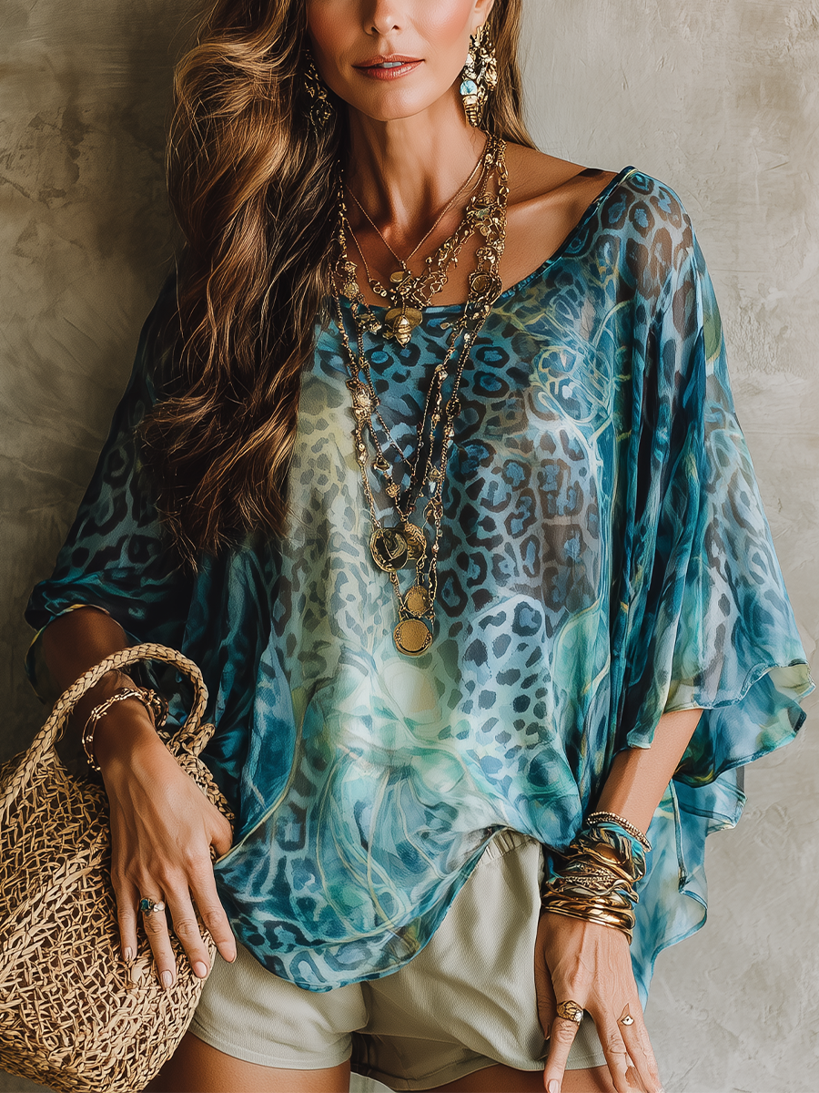 Adelaide | Bohemian Blue Leopard Print Batwing Sleeve