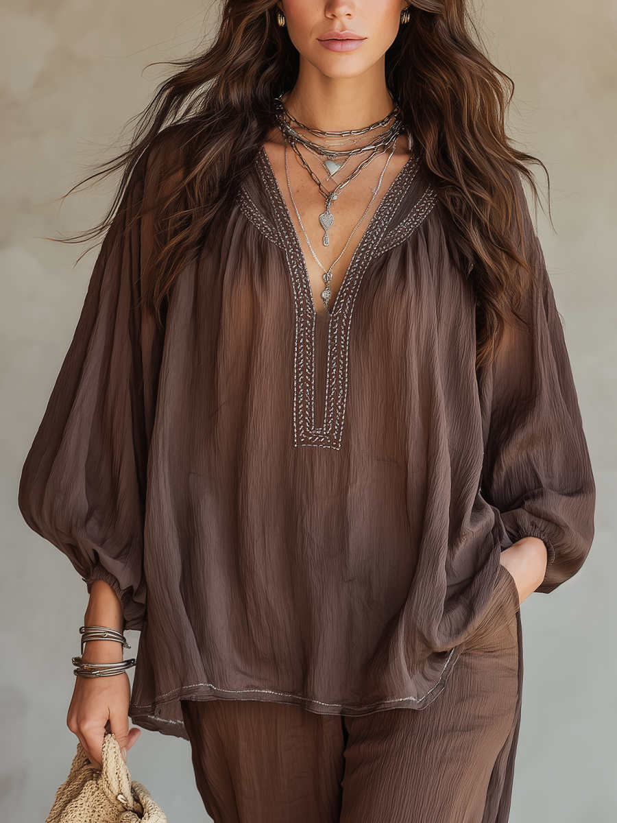 Mae | Bohemian Brown Embroidered V-Neck Blouse