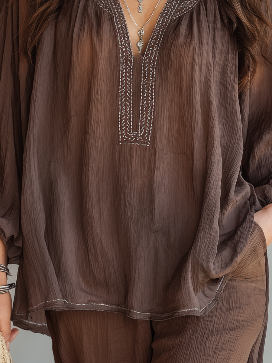 Mae | Bohemian Brown Embroidered V-Neck Blouse