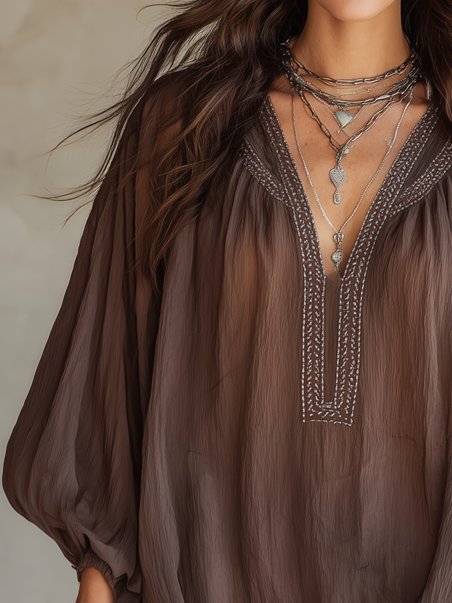 Mae | Bohemian Brown Embroidered V-Neck Blouse