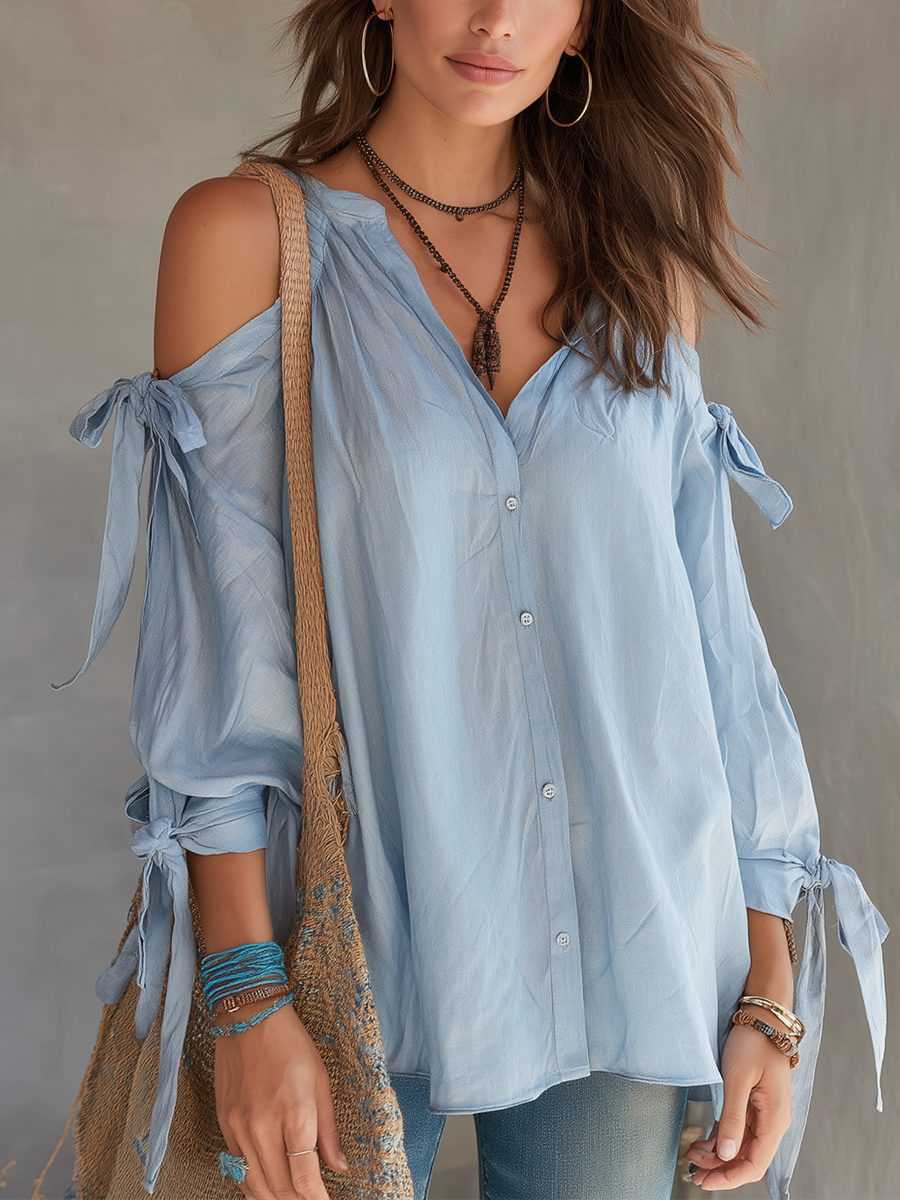 Hazel | Bohemian Style Gray-blue Tie-front Cotton Shirt