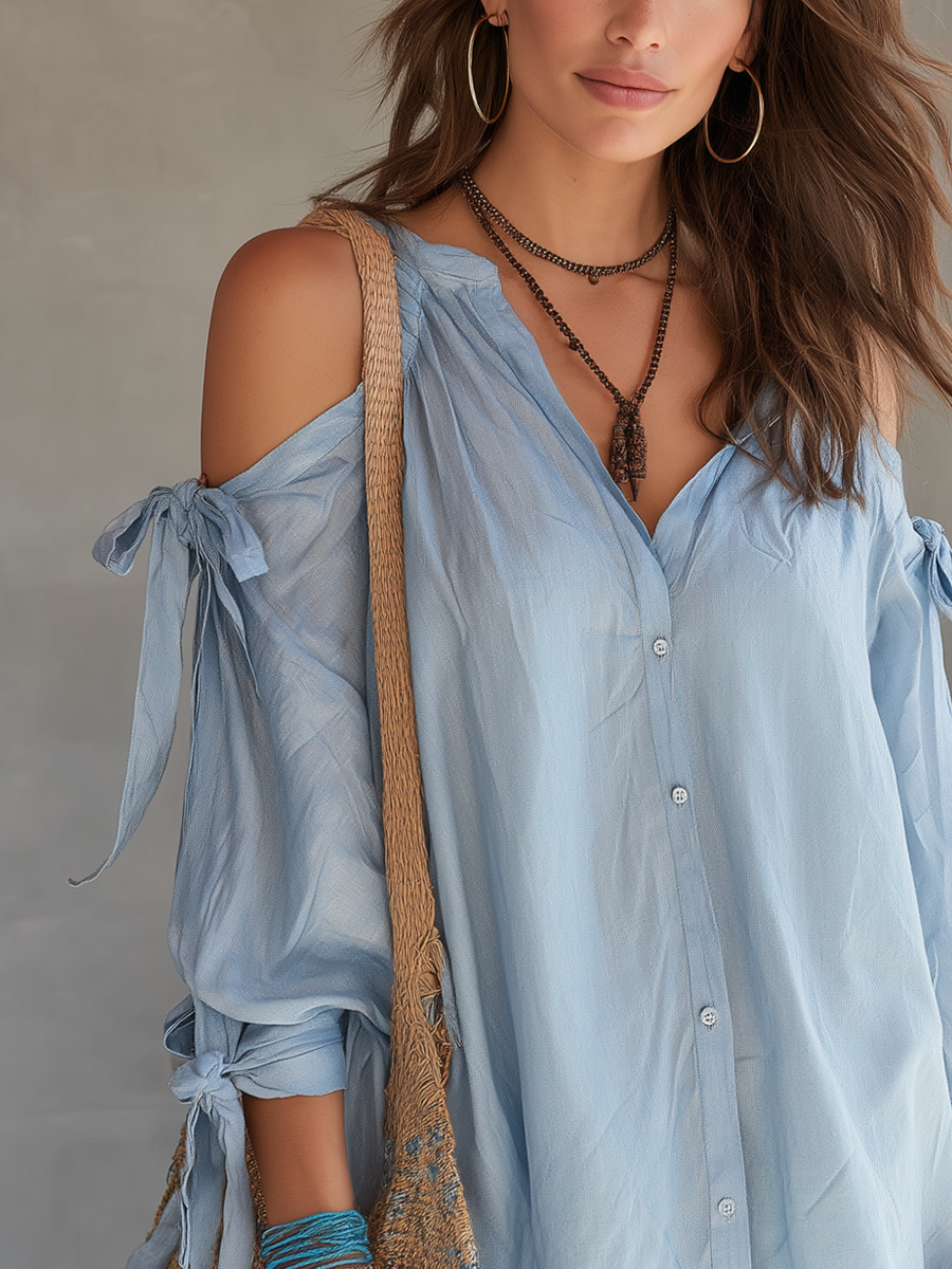 Hazel | Bohemian Style Gray-blue Tie-front Cotton Shirt