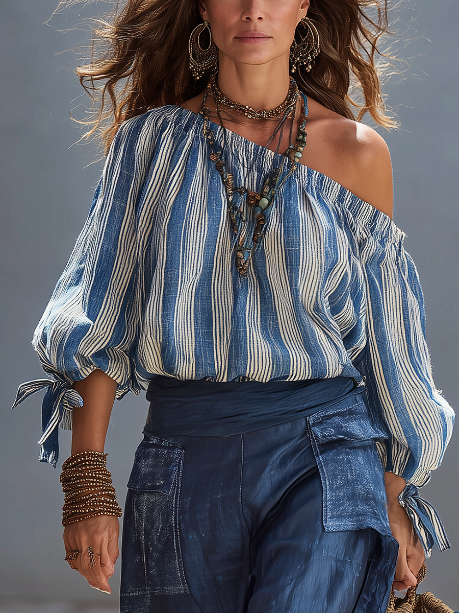 Iris | Boho Indigo Stripe Off Shoulder Blouse