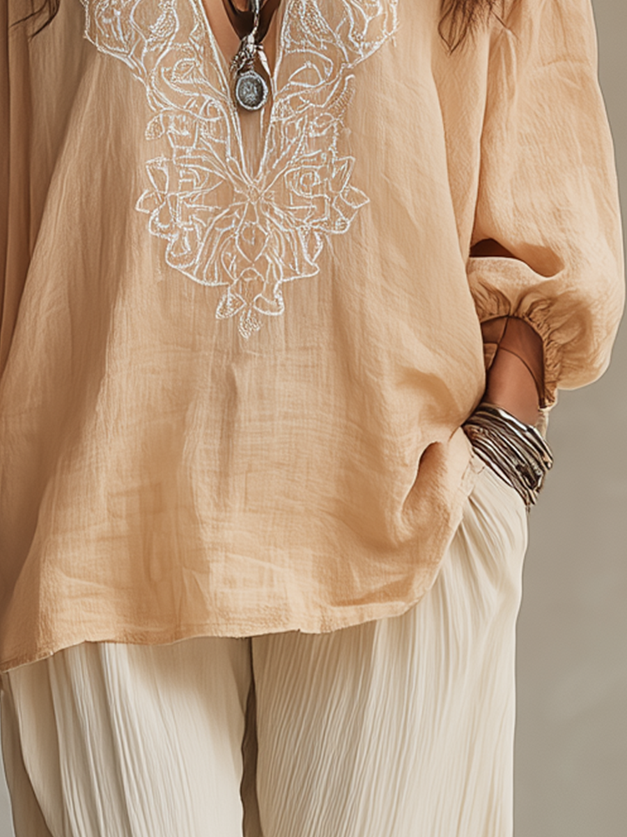 Luna | Refined Apricot Embroidered V-Neck Blouse