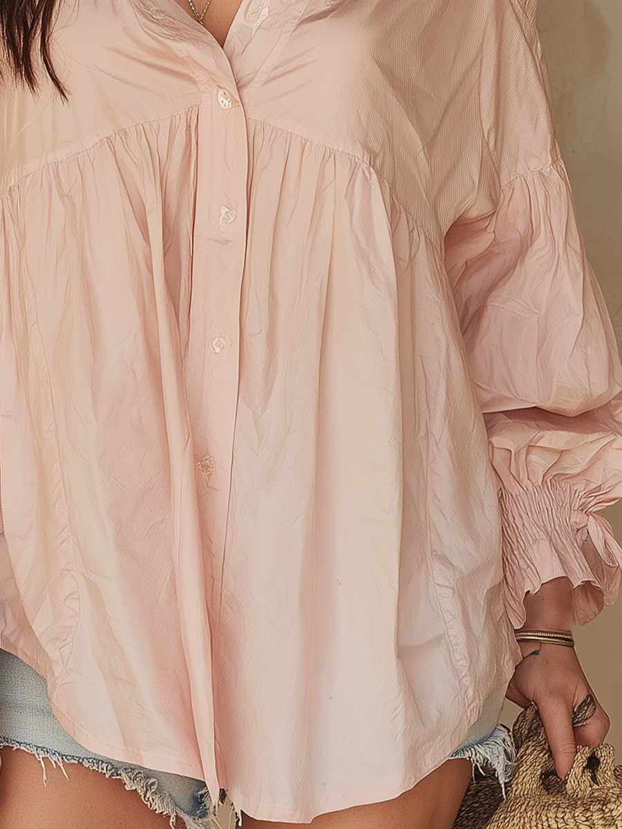 Nell | Relaxed Blush Gathered Button-Up Blouse