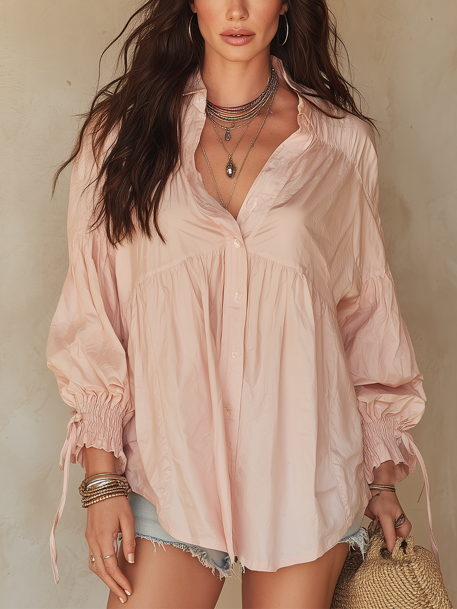 Nell | Relaxed Blush Gathered Button-Up Blouse