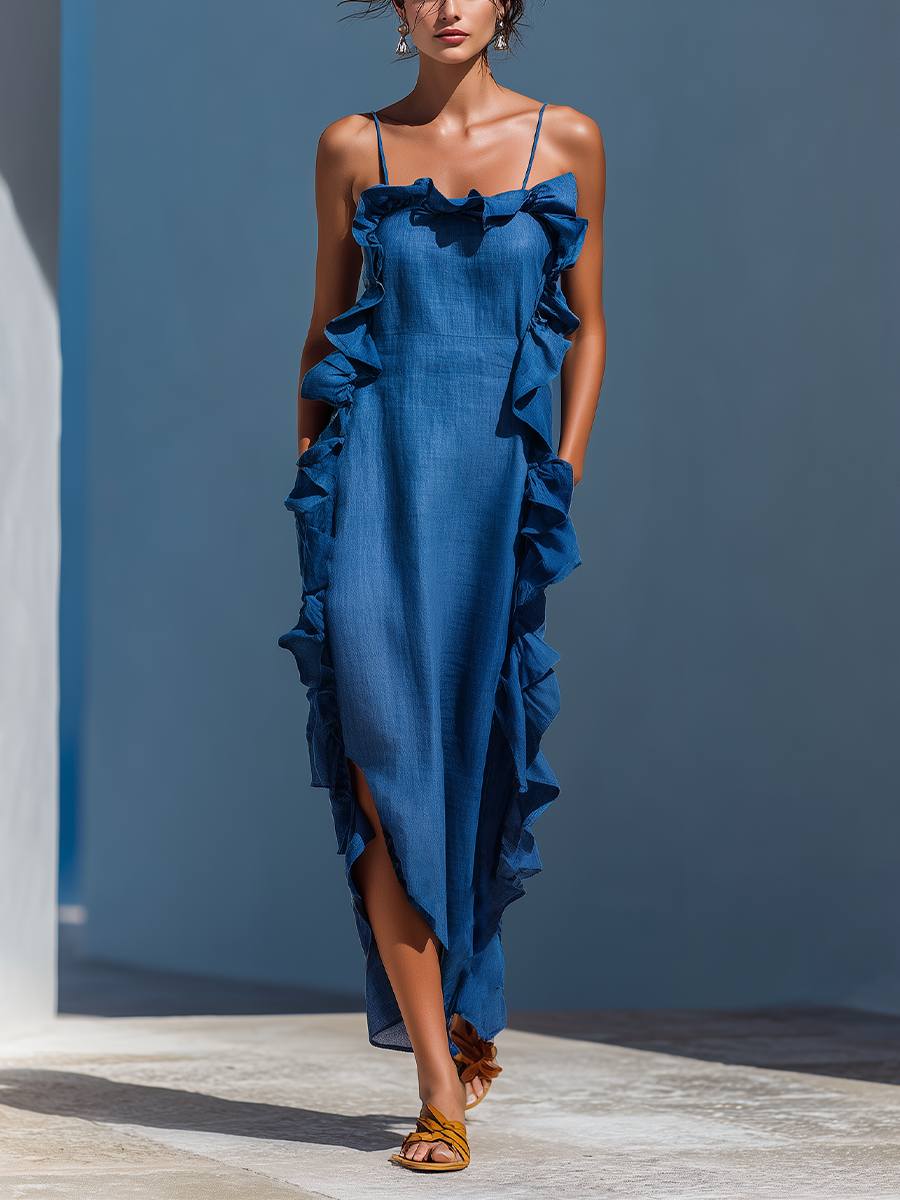 Chloe | Women’s Blue Linen-Blend Spaghetti