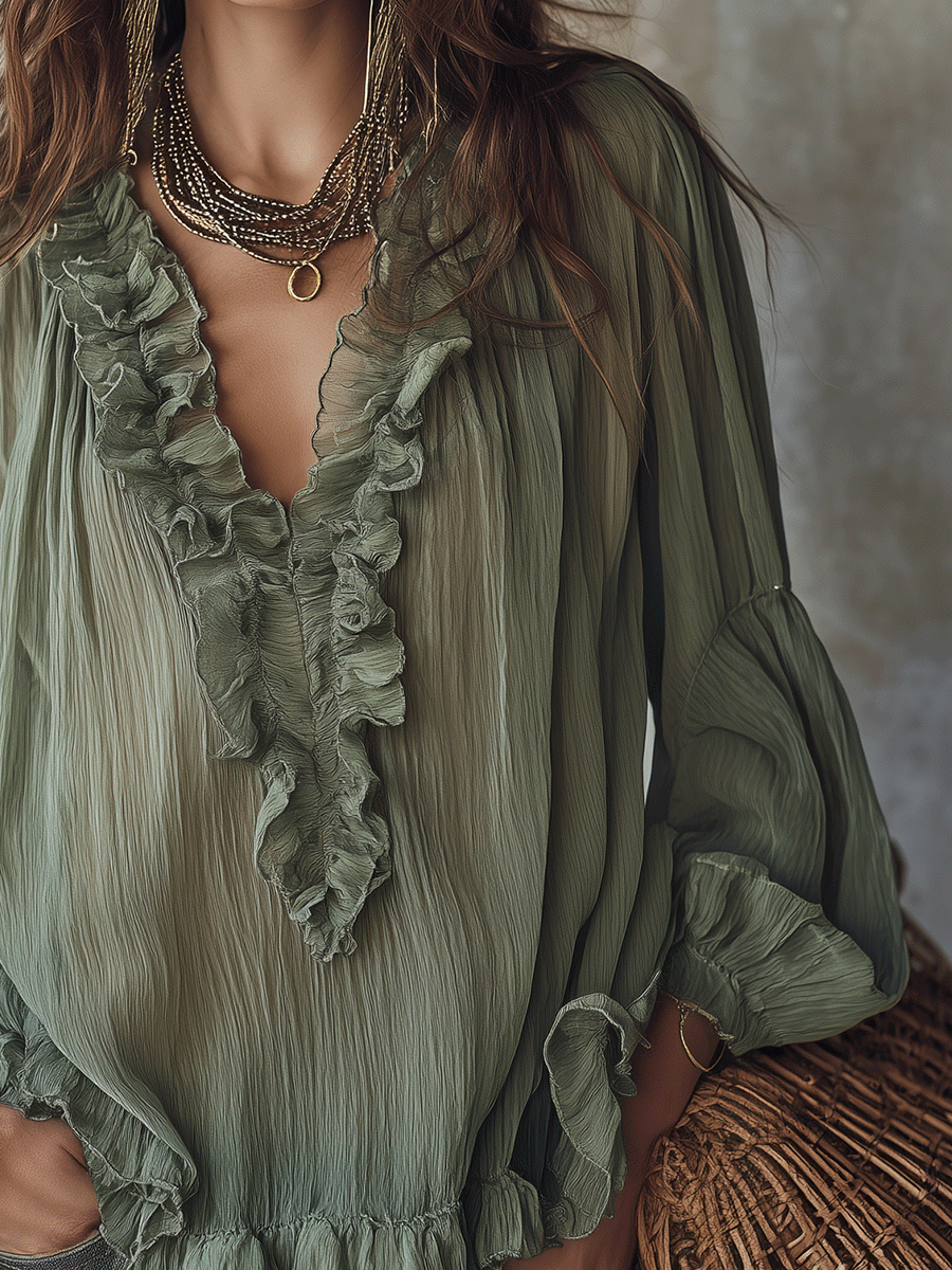 Keira | Chic Olive Green Ruffled Blouse