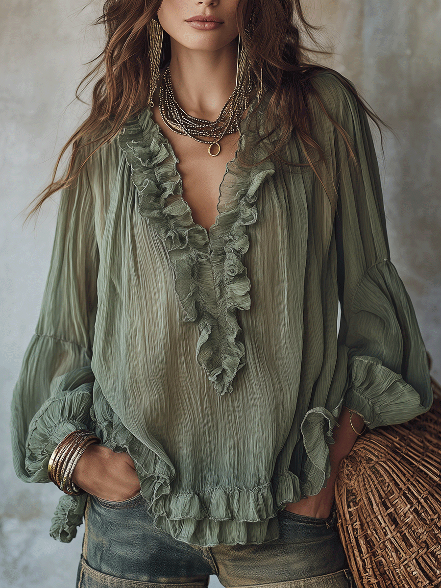 Keira | Chic Olive Green Ruffled Blouse