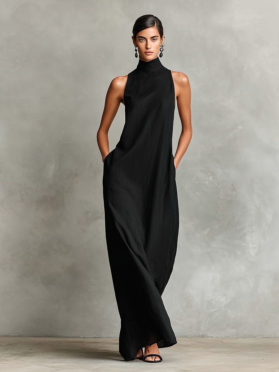 Alina | Black Linen-Blend Maxi Dress