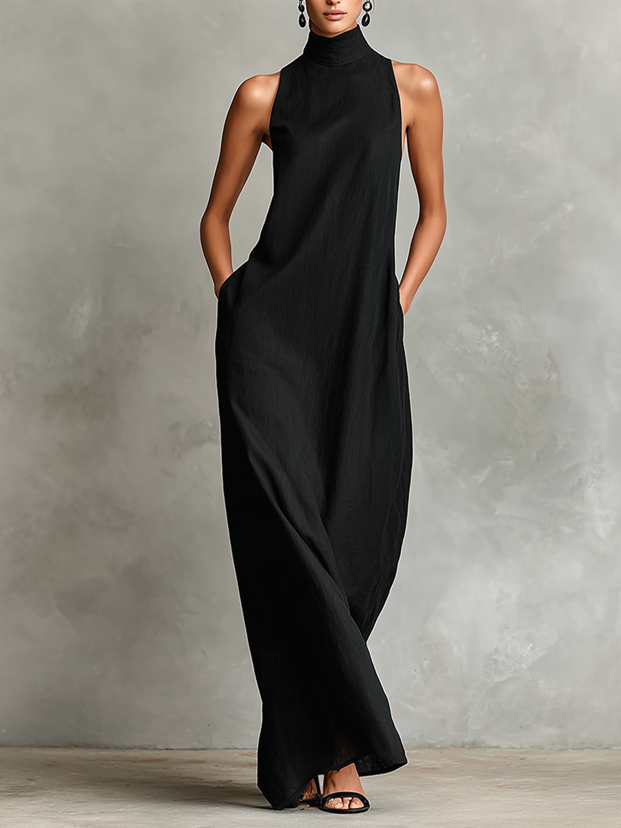 Alina | Black Linen-Blend Maxi Dress