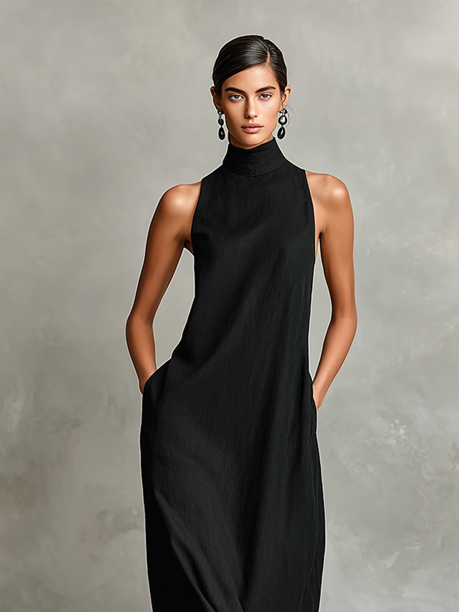 Alina | Black Linen-Blend Maxi Dress