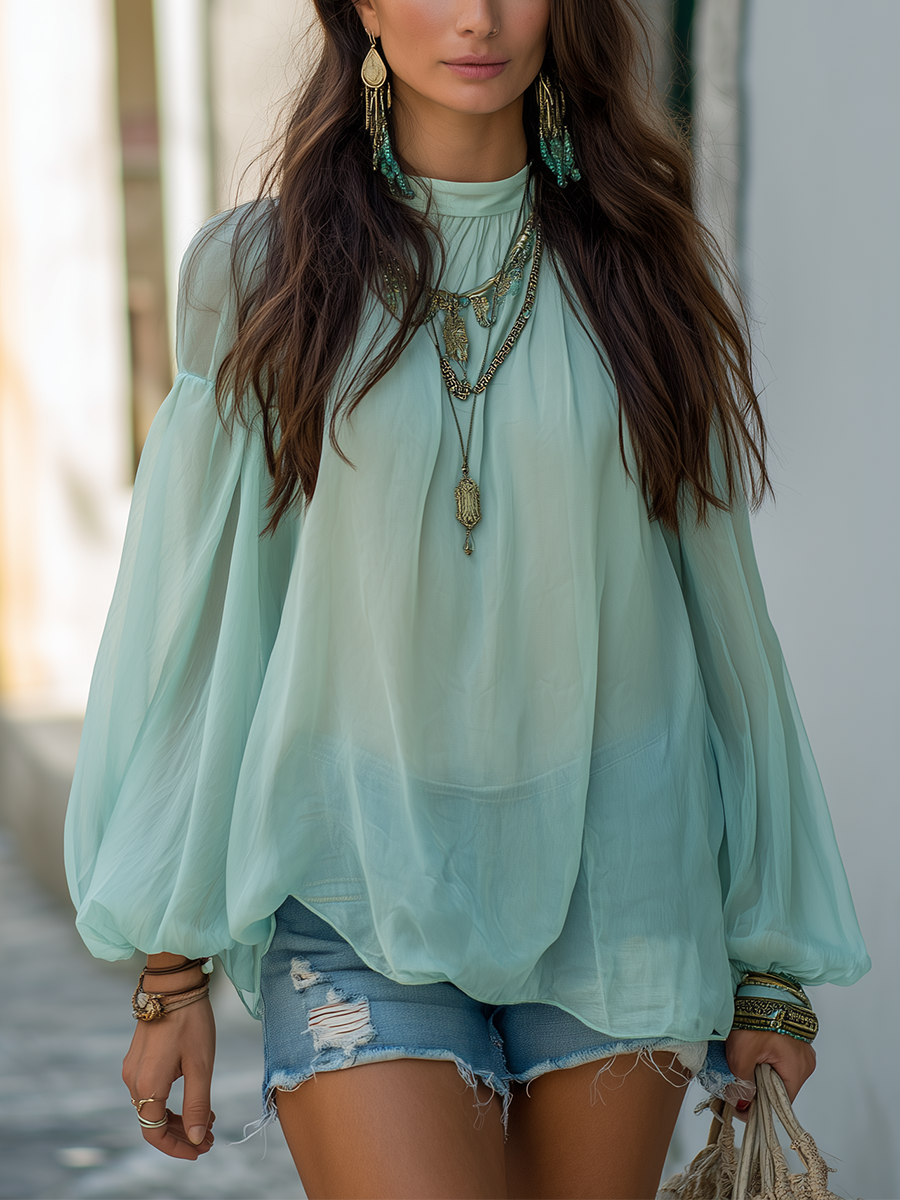 Paige | Relaxed Bohemian Sage Green Chiffon Blouse