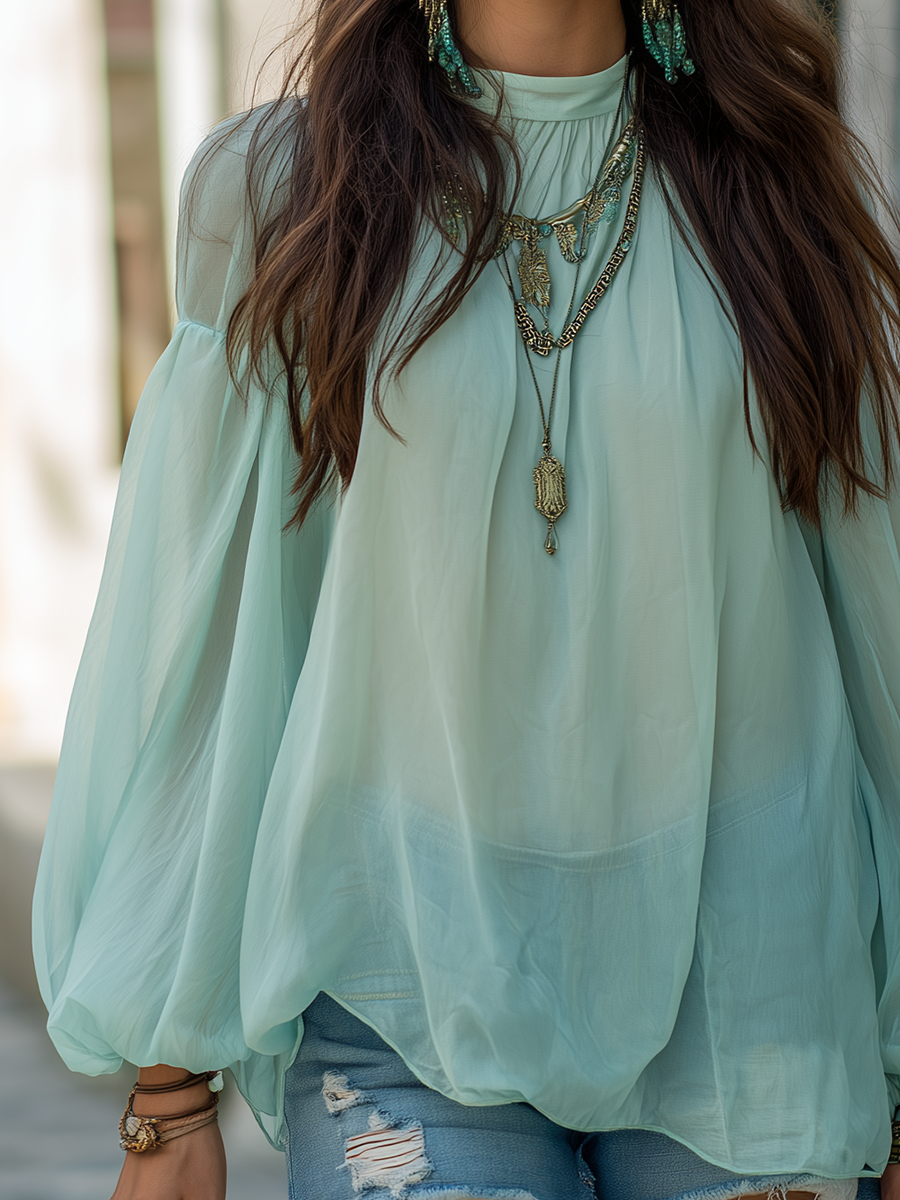 Paige | Relaxed Bohemian Sage Green Chiffon Blouse