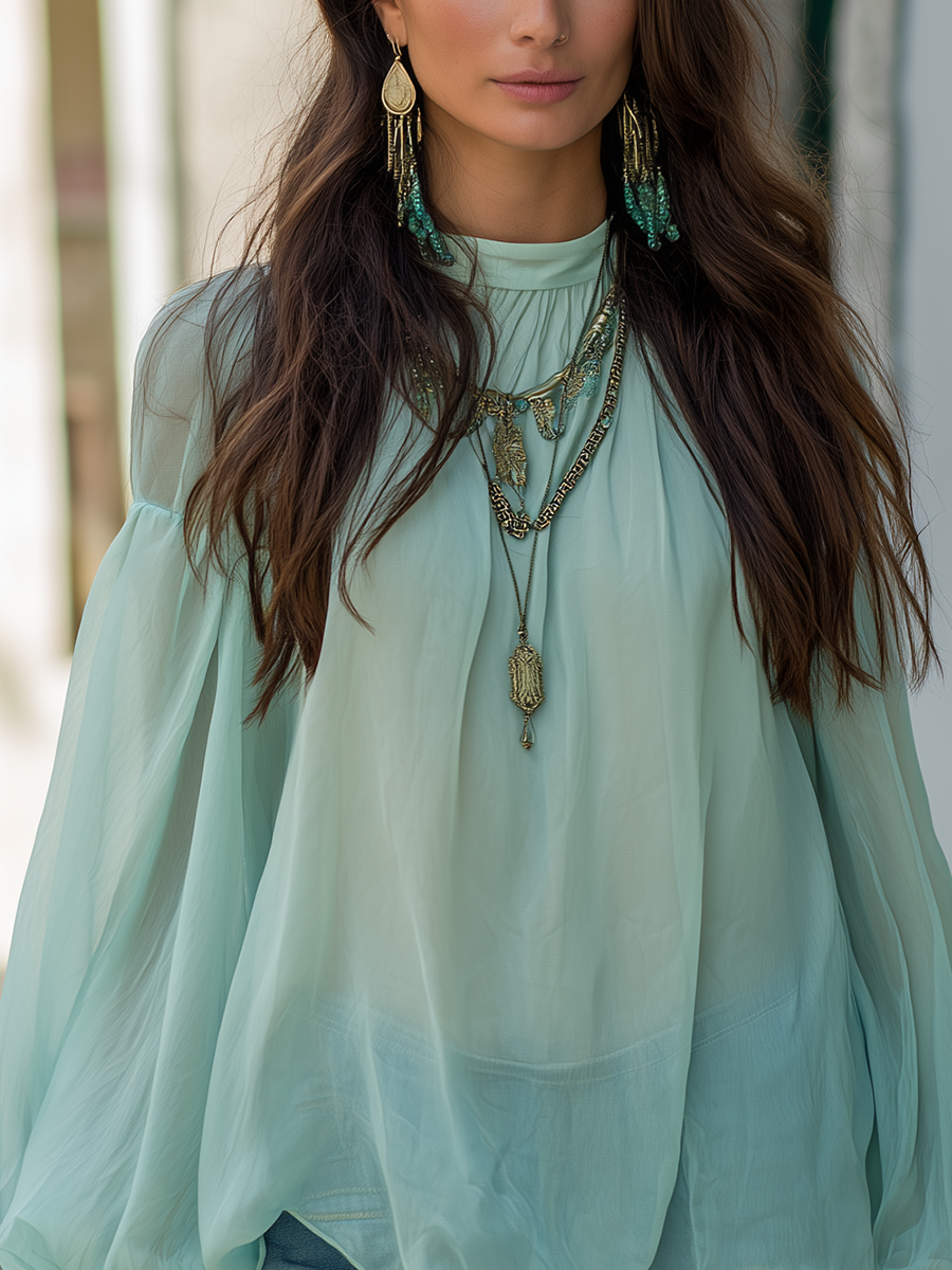 Paige | Relaxed Bohemian Sage Green Chiffon Blouse