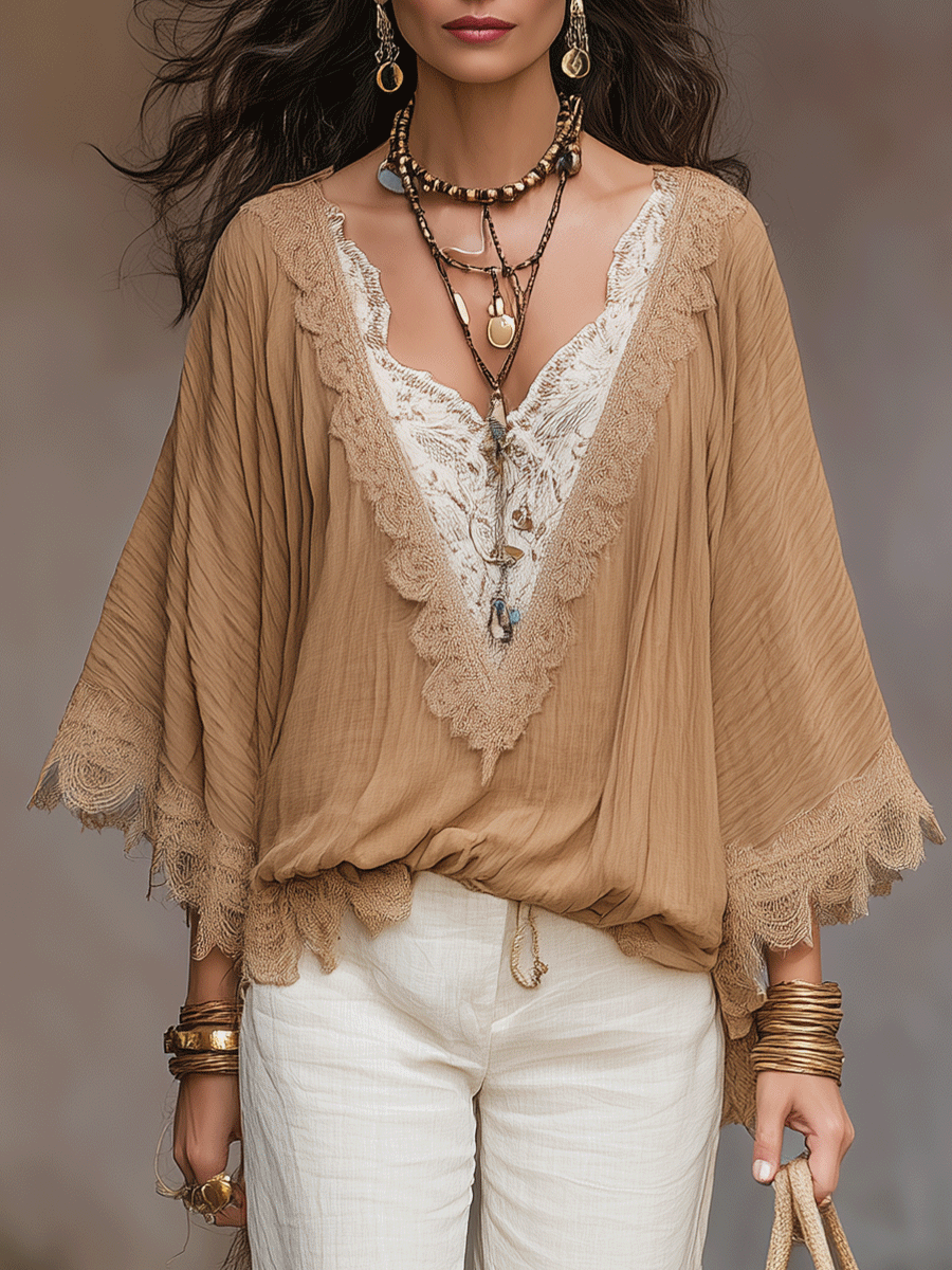 Tess | Boho Lace Trim V-Neck Batwing Sleeve