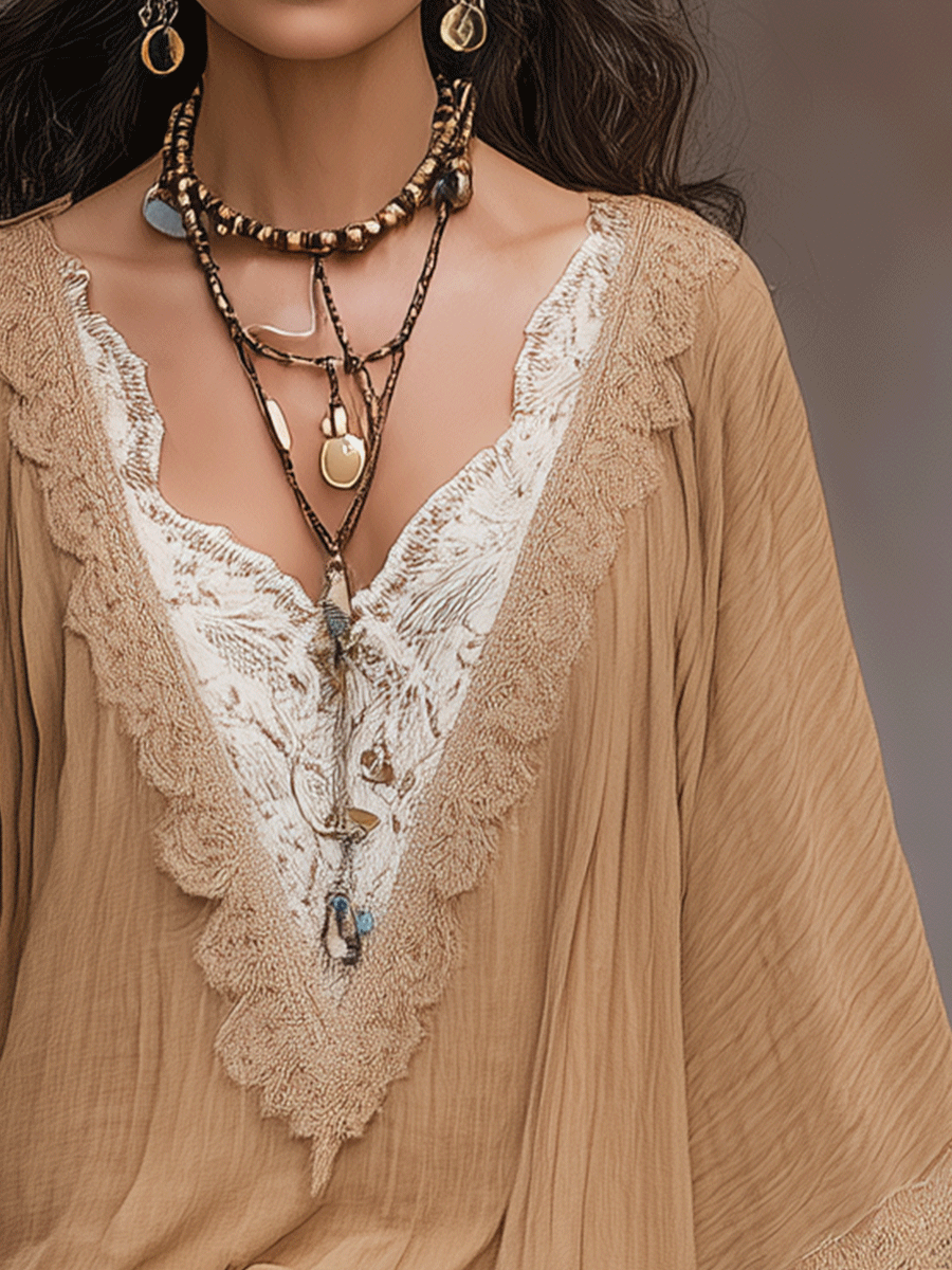 Tess | Boho Lace Trim V-Neck Batwing Sleeve