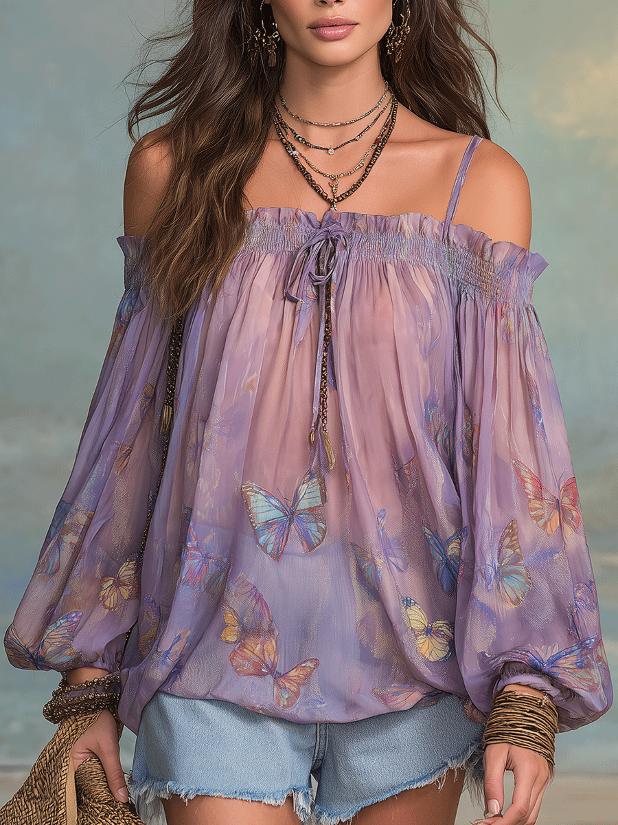 Xanthe | Boho Butterfly Print Off-Shoulder Smocked Tie-Neck