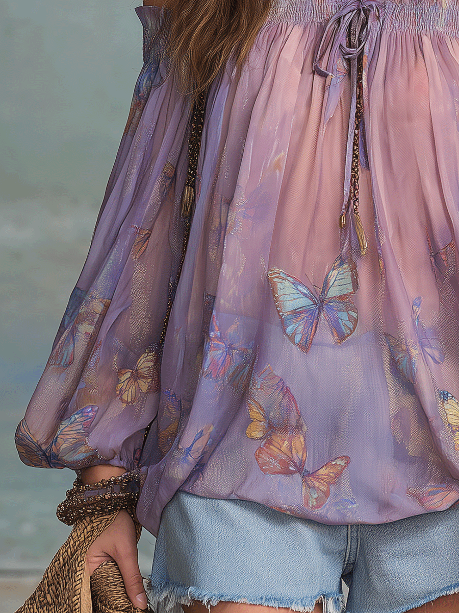 Xanthe | Boho Butterfly Print Off-Shoulder Smocked Tie-Neck
