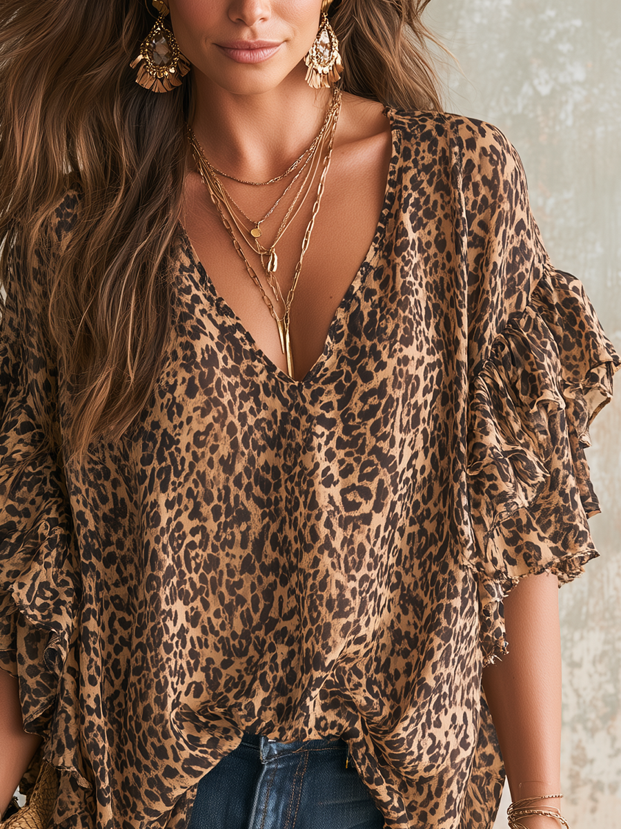 Blythe | Lightweight Bohemian Leopard Print Ruffle Sleeve
