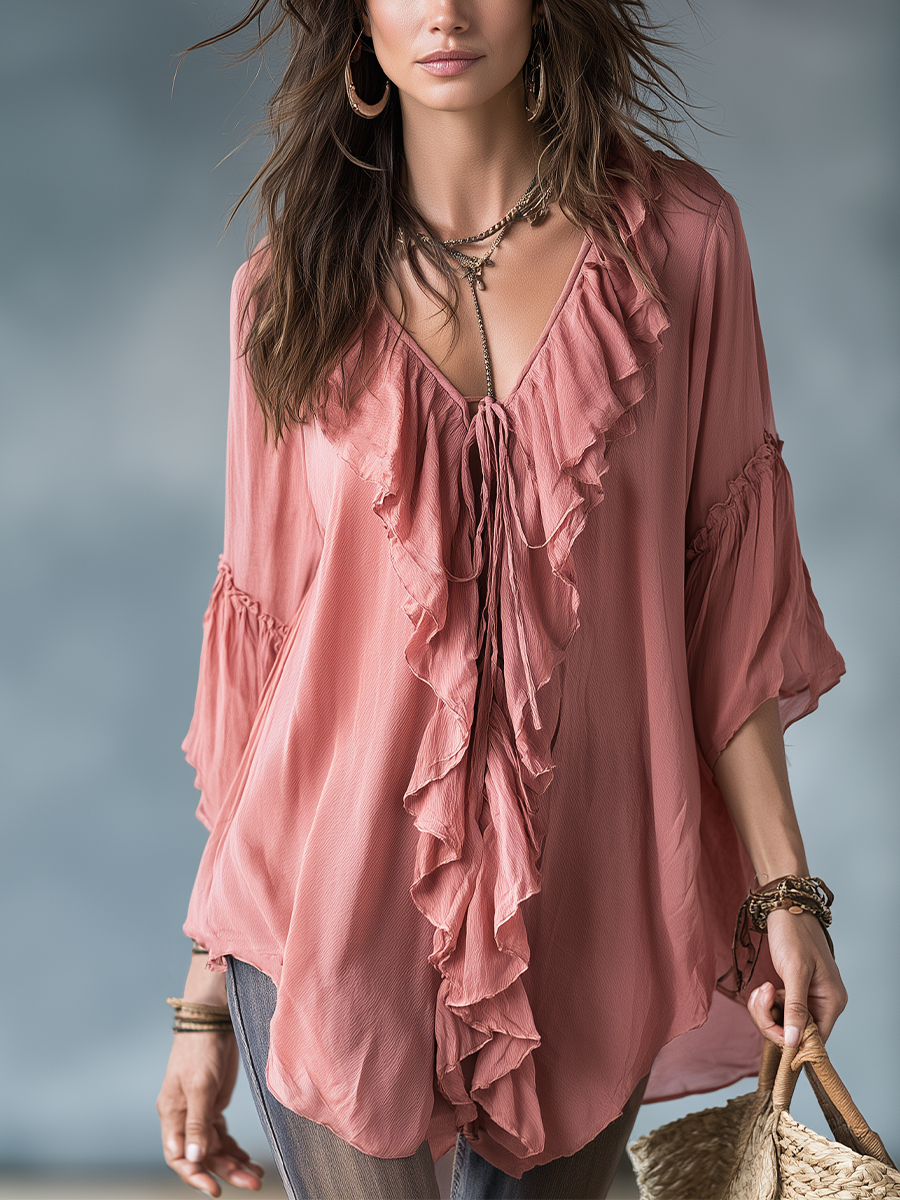 Fleur | Romantic Dusty Pink Ruffle V-Neck Bohemian
