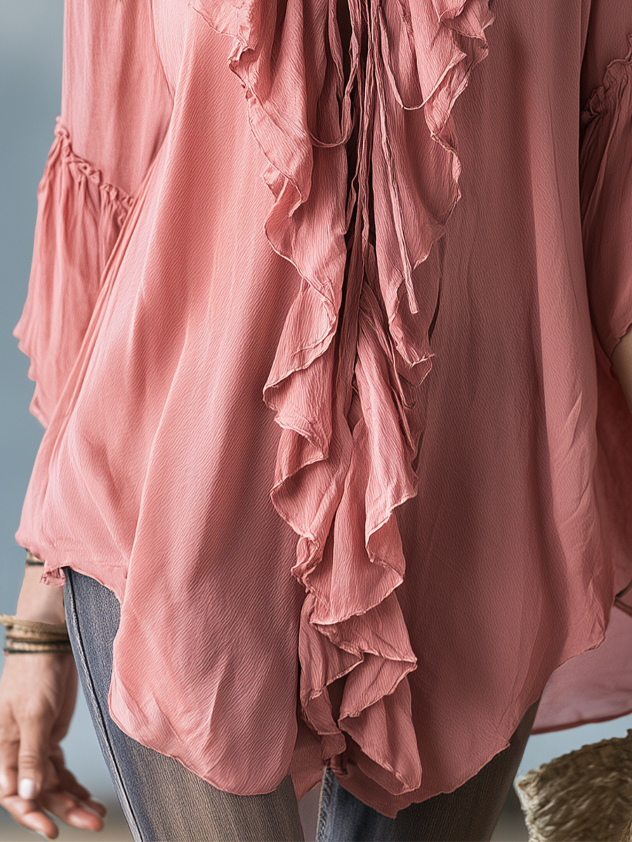 Fleur | Romantic Dusty Pink Ruffle V-Neck Bohemian