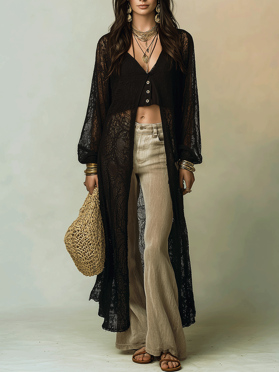 Della | Open-Knit Black Maxi Cover-Up