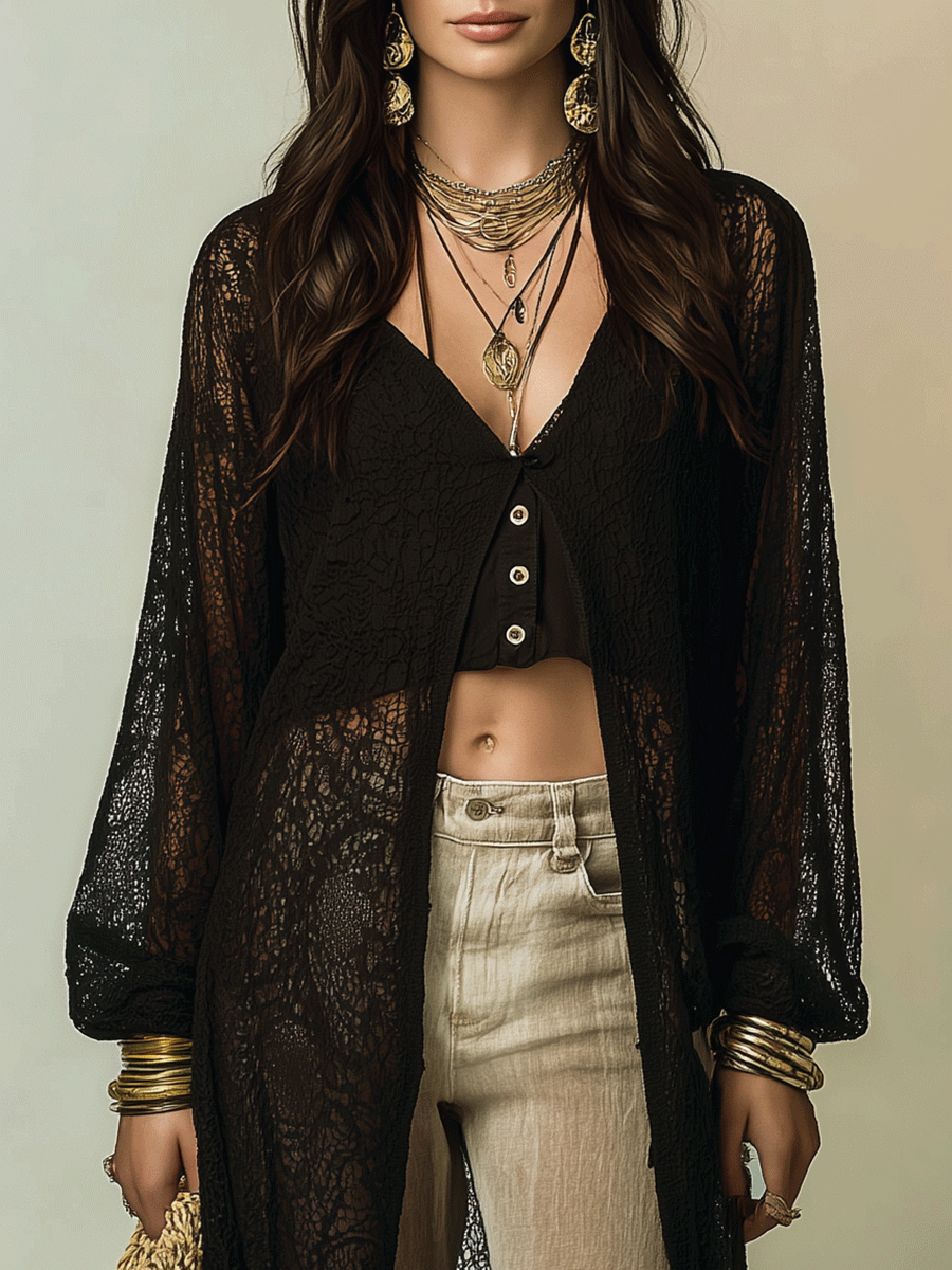 Della | Open-Knit Black Maxi Cover-Up