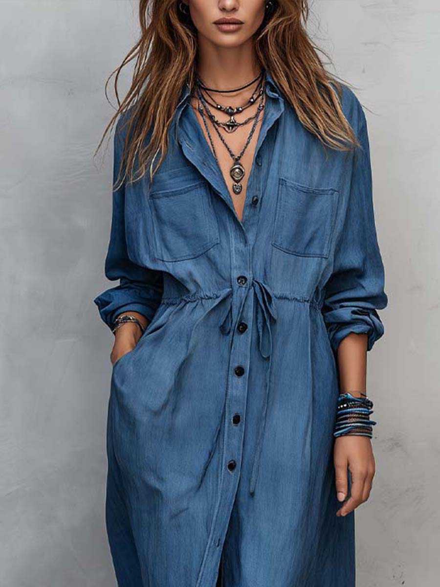 Leah | Vintage-style Long Sleeves Denim Shirt Midi