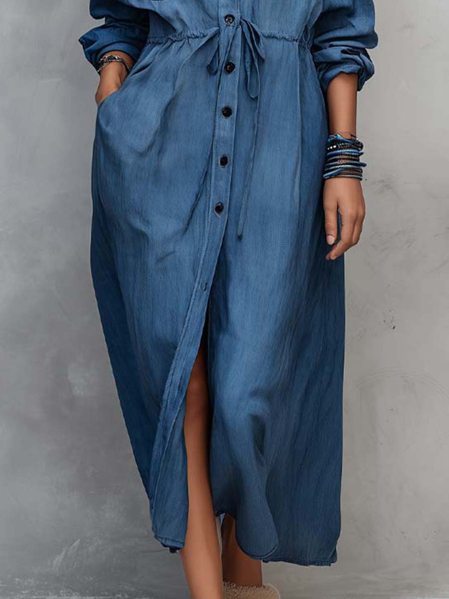 Leah | Vintage-style Long Sleeves Denim Shirt Midi