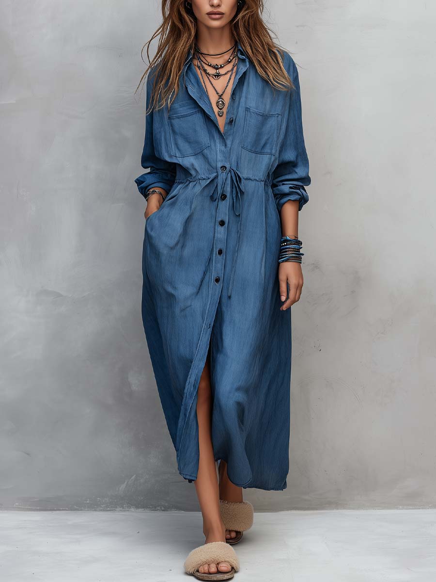 Leah | Vintage-style Long Sleeves Denim Shirt Midi