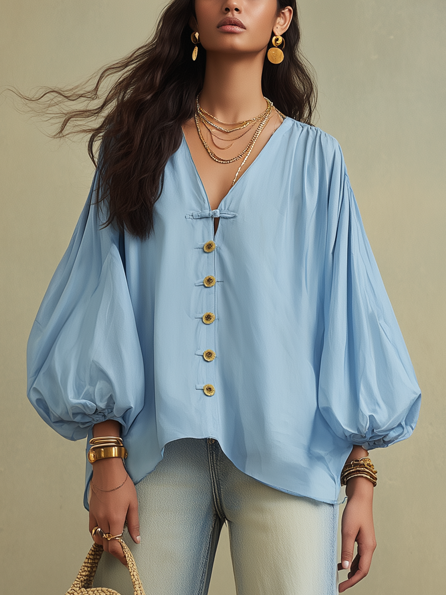 Lara | Casual Blue Button Front Blouse