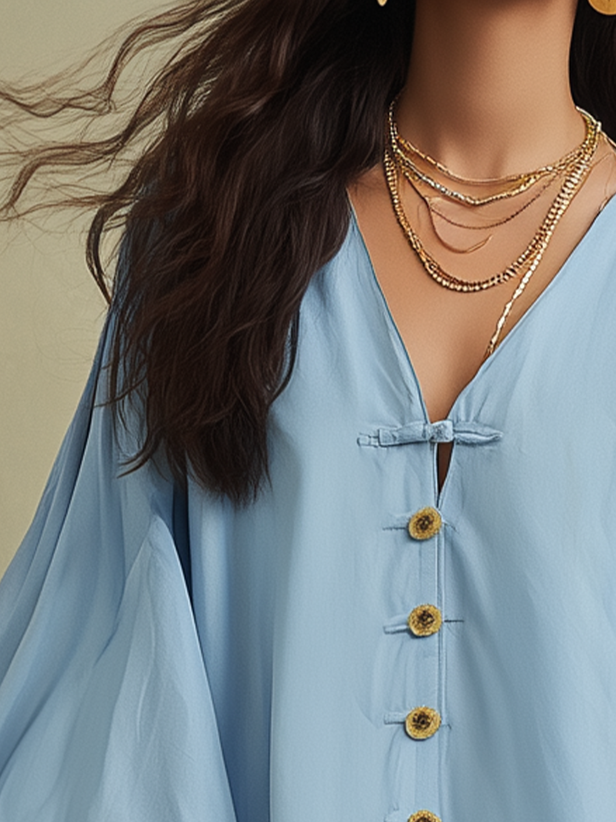 Lara | Casual Blue Button Front Blouse