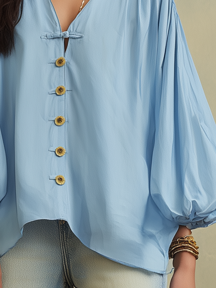 Lara | Casual Blue Button Front Blouse