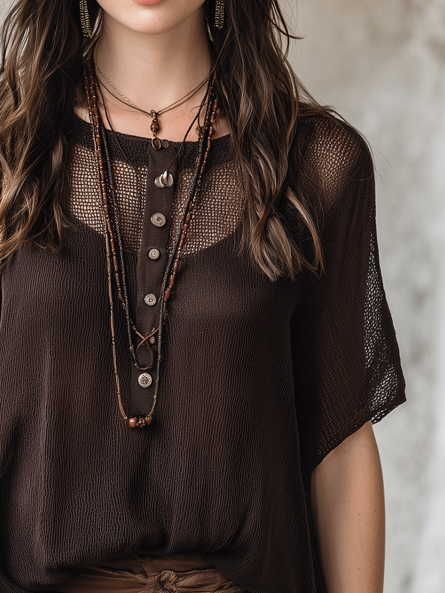 Maeve | Mesh Button-Front Boho Henley Top
